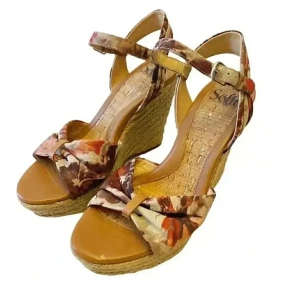 Softt Peggie Platform Wedge Espadrilles Sandals Jute Tan Brown Floral Size 9.5 - Picture 4 of 15